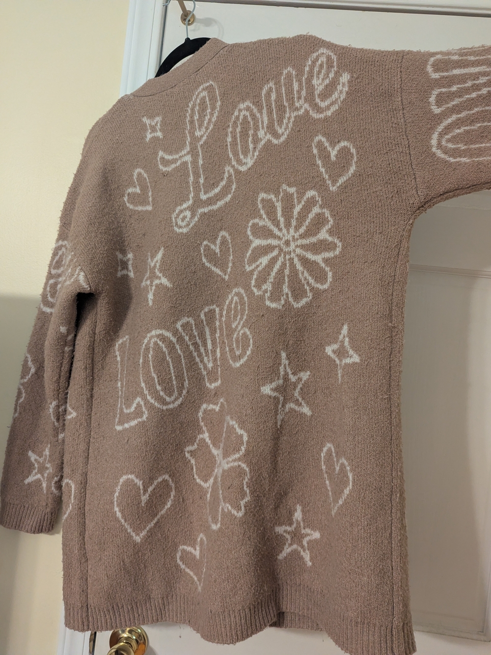 Pink Rose Taupe Sweater Cardigan with White 'Love' Graphics